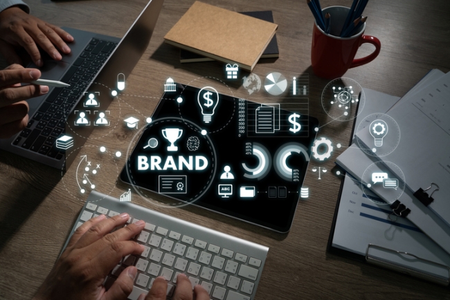Business workspace with brand strategy concept visualisation showing marketing and business development icons