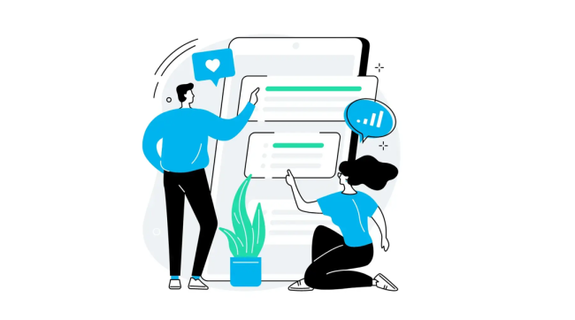 An illustration of a man and a woman in a vector style, pointing at data on a large, stylised smartphone interface.