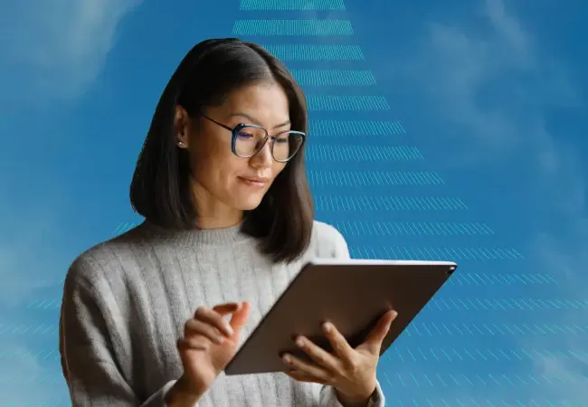 A close-up shot of a woman working on a tablet, with a graphic pattern of ascending lines creating perspective.